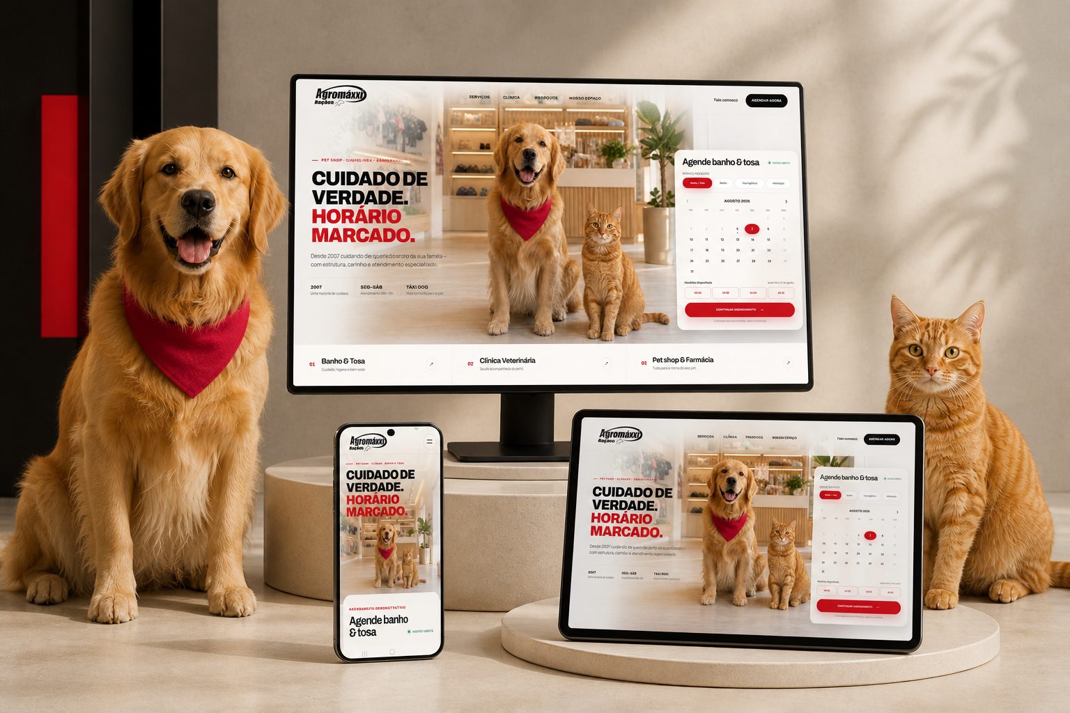 Cão e gato ao lado de monitor, tablet e celular exibindo o redesign responsivo da Agromaxxi