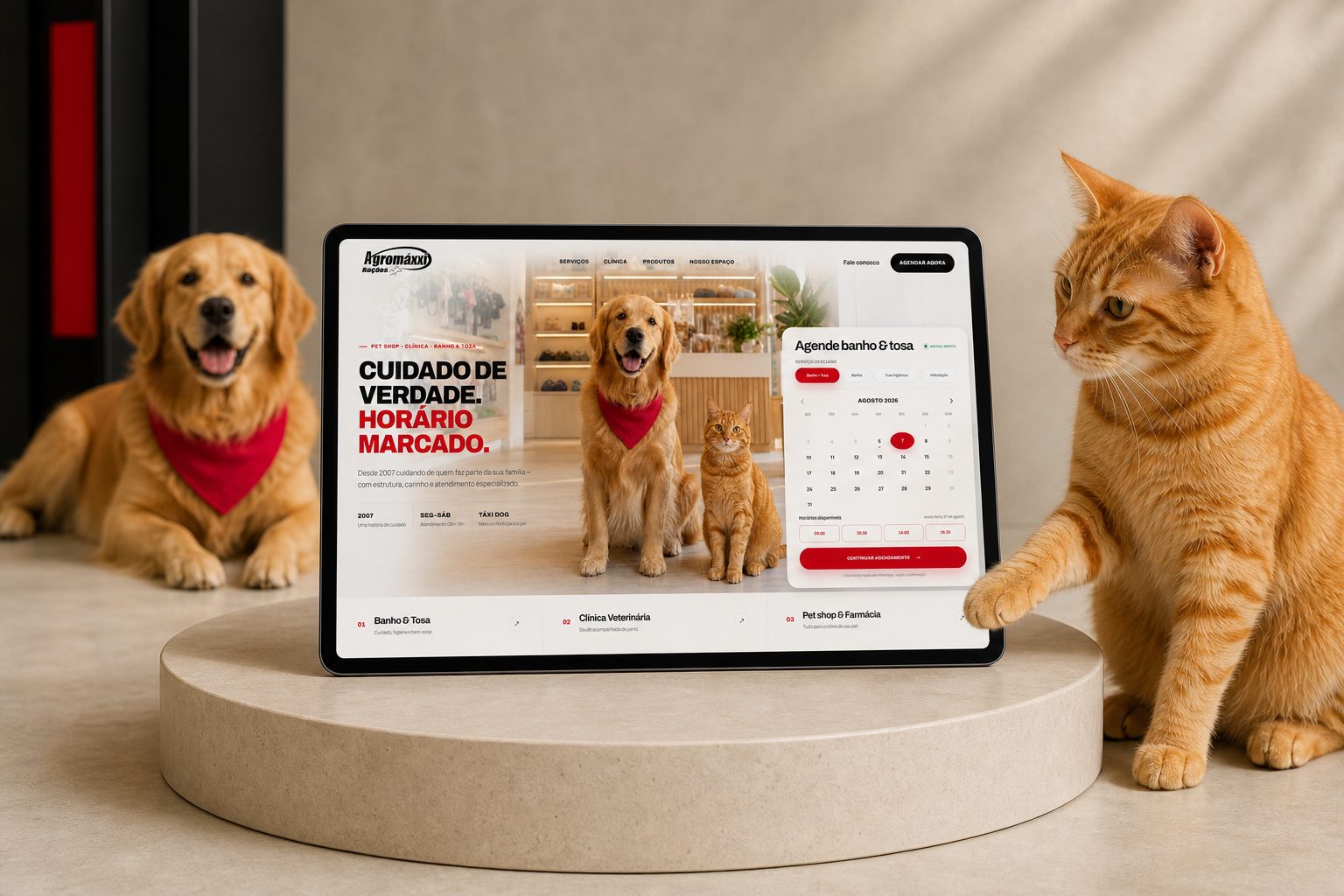 Tablet com a tela de agendamento da Agromaxxi, acompanhado por cão e gato