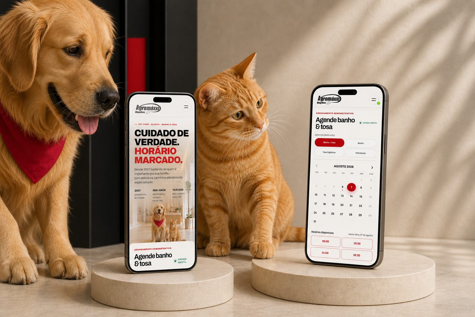 Dois celulares exibindo a página inicial e o calendário de agendamento da Agromaxxi, com cão e gato