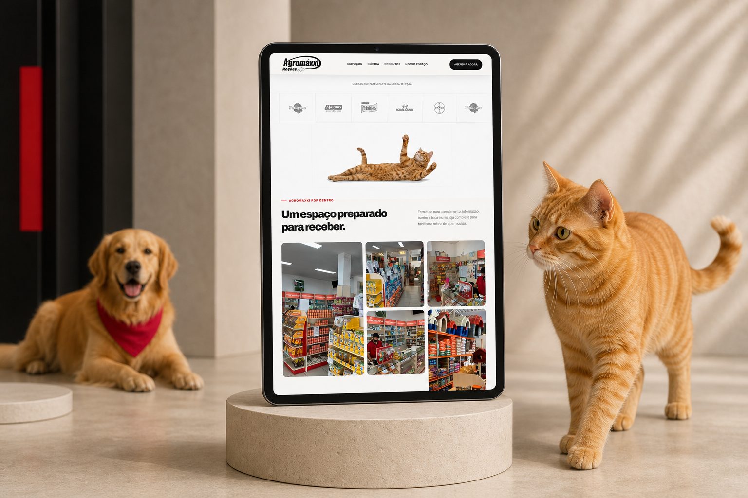 Tablet com fotos do espaço físico da Agromaxxi ao lado de cão e gato