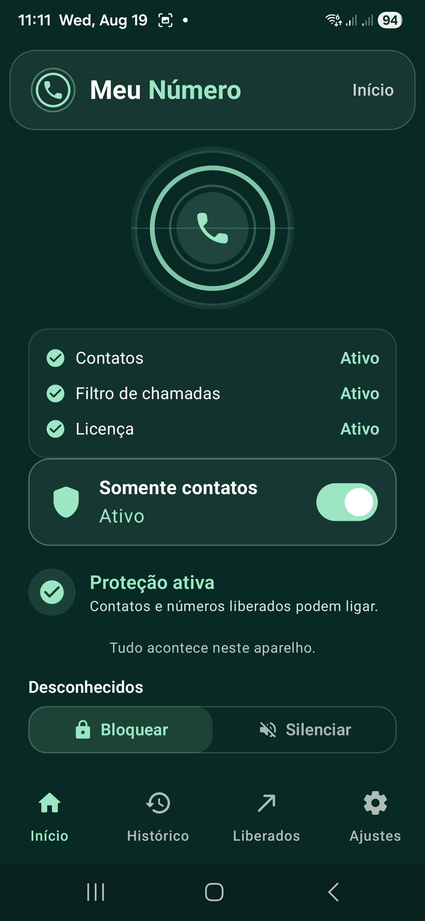 Tela inicial do Meu Número com a proteção de chamadas ativada