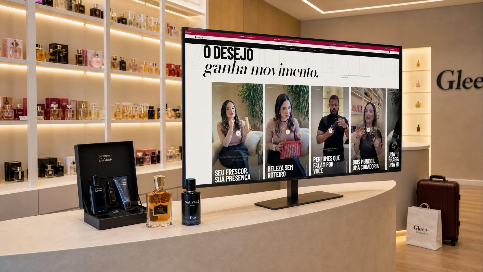 Monitor dentro da loja Glee mostrando a curadoria de vídeos do novo e-commerce
