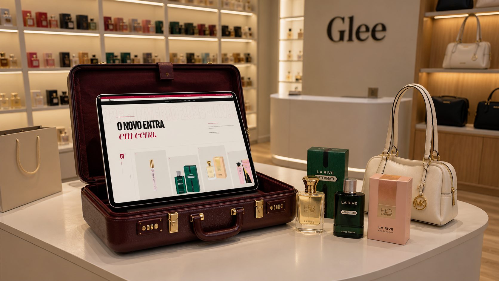 Tablet dentro de uma mala exibindo a nova coleção da Glee ao lado de perfumes e bolsas