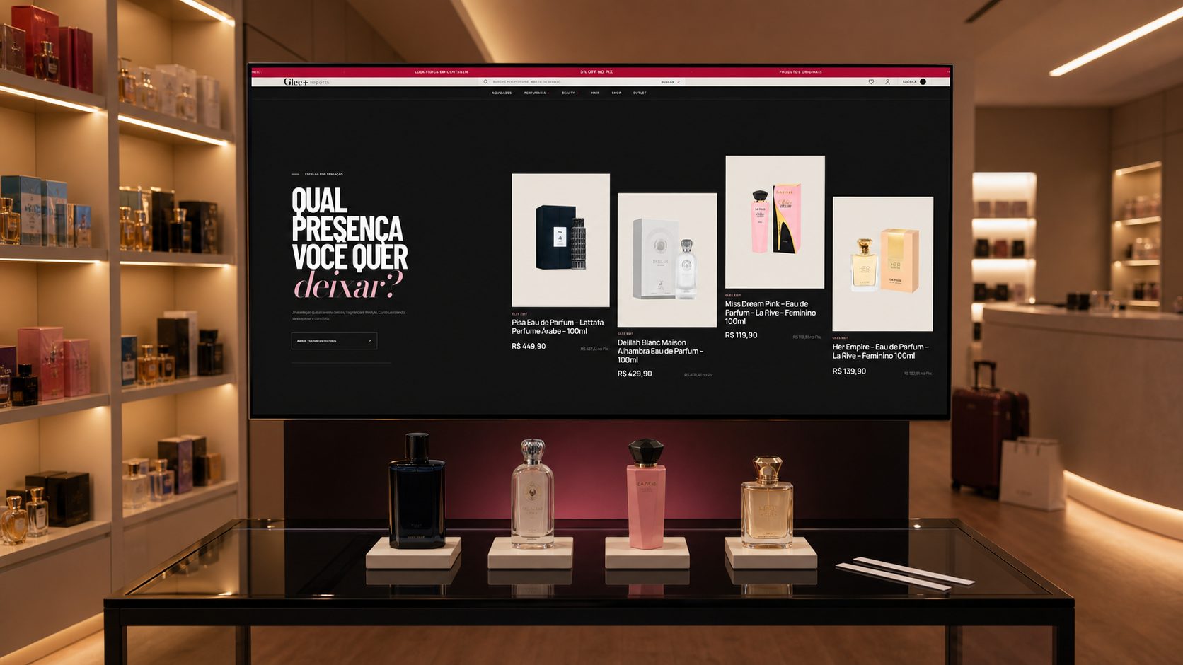 Tela ampla da loja Glee mostrando produtos filtrados e perfumes reais alinhados em primeiro plano