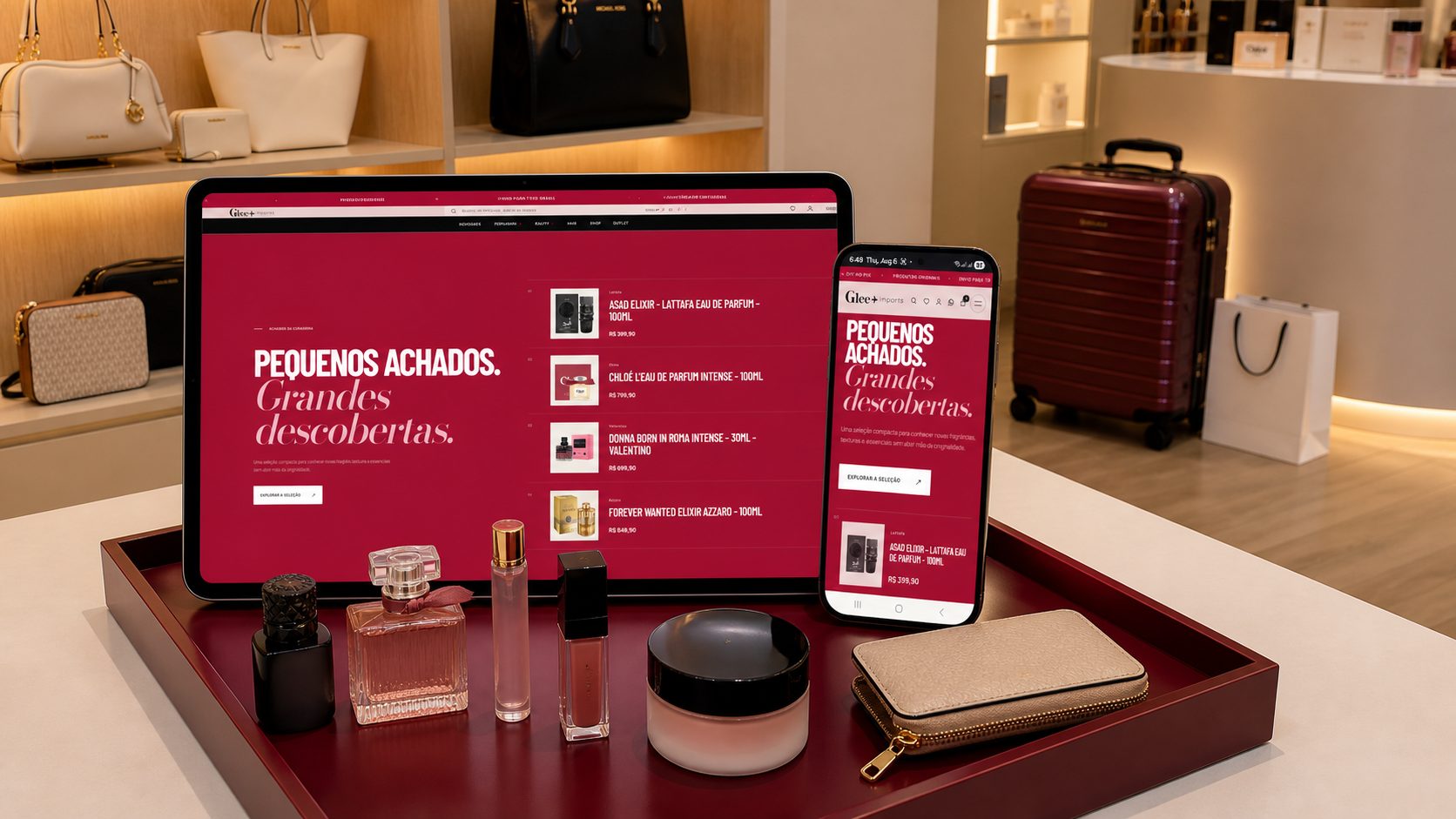 Tablet e celular mostrando a experiência responsiva da Glee dentro da loja