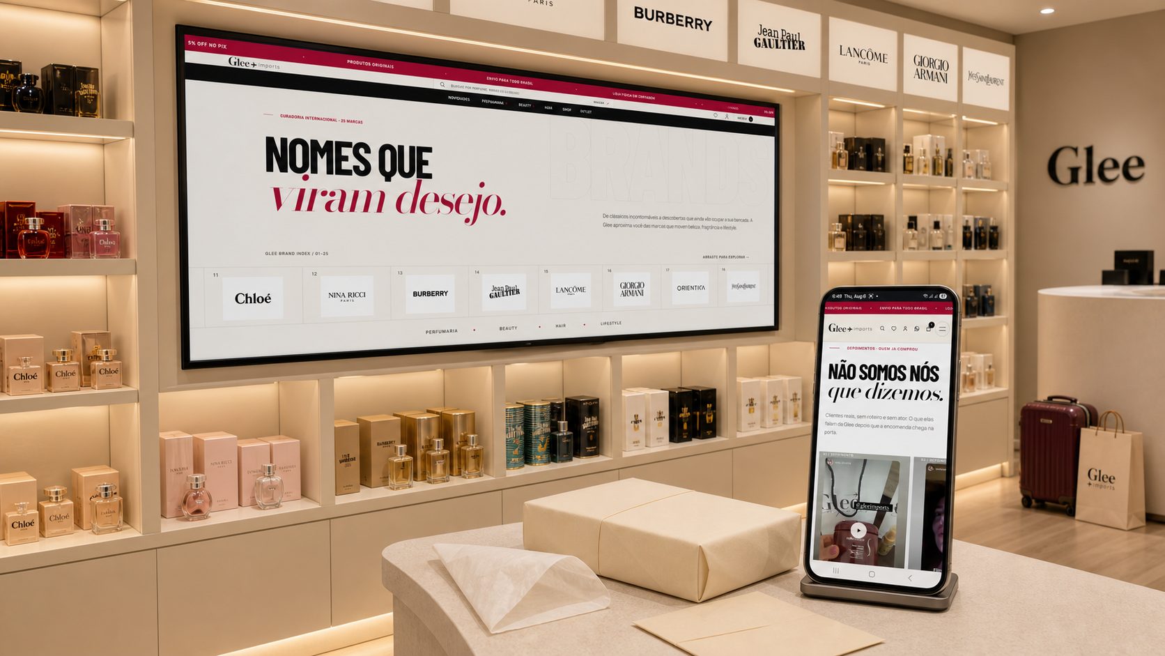 Tela da Glee apresentando marcas internacionais e celular exibindo depoimentos de clientes