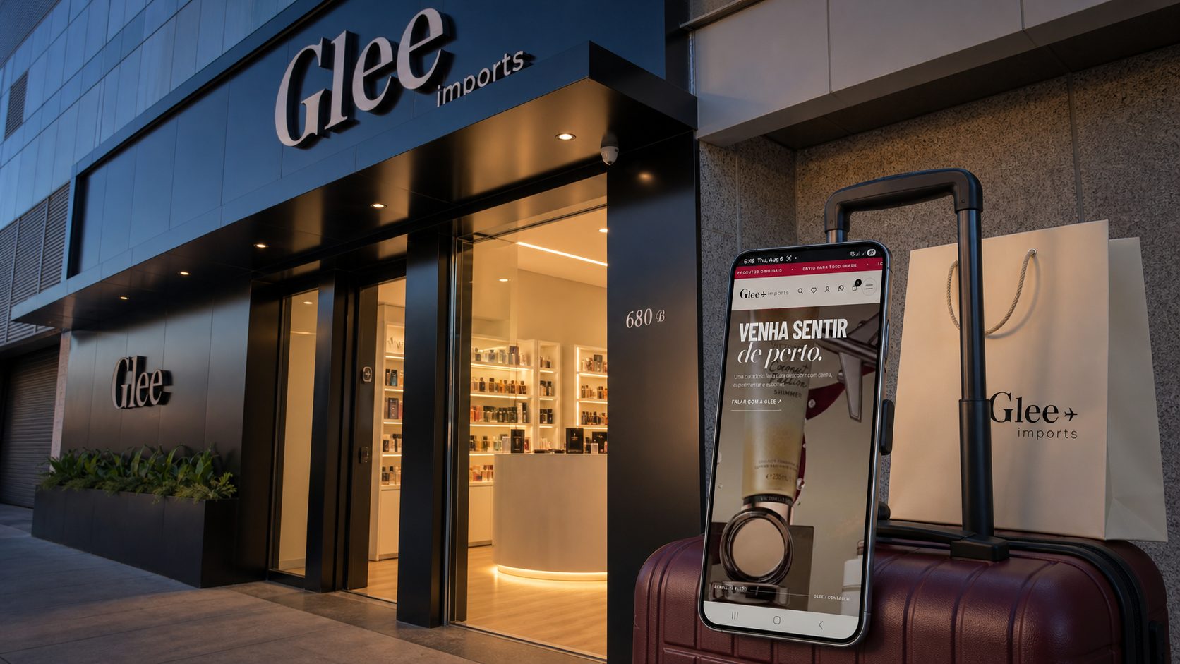 Fachada da loja Glee com um celular mostrando o novo site sobre uma mala de viagem