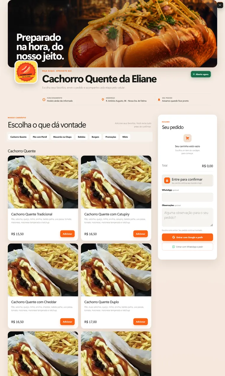 Loja Cachorro Quente da Eliane com sua identidade e cardápio