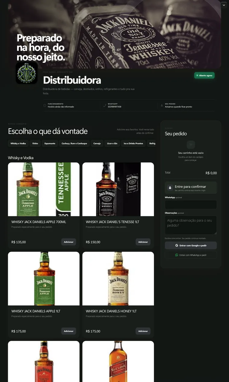 Distribuidora com tema escuro e catálogo de bebidas