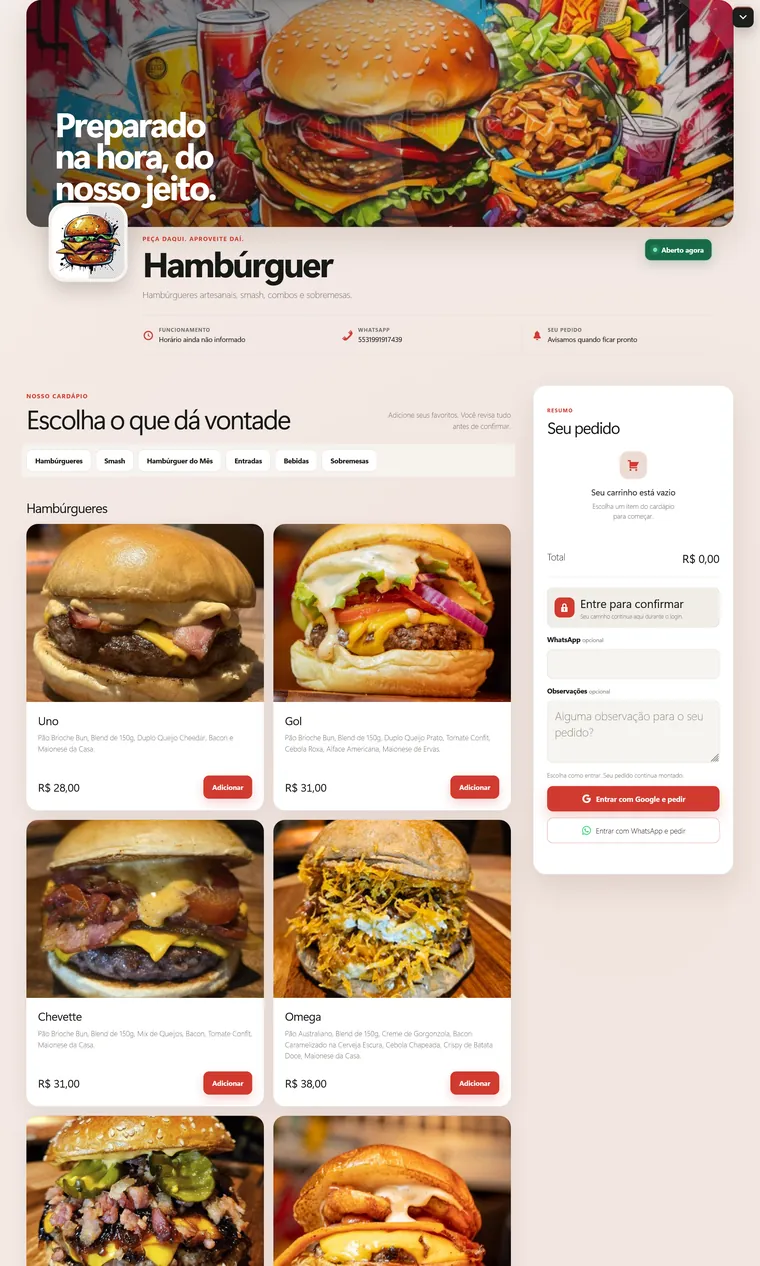 Loja de hambúrguer com identidade própria e cardápio em grade
