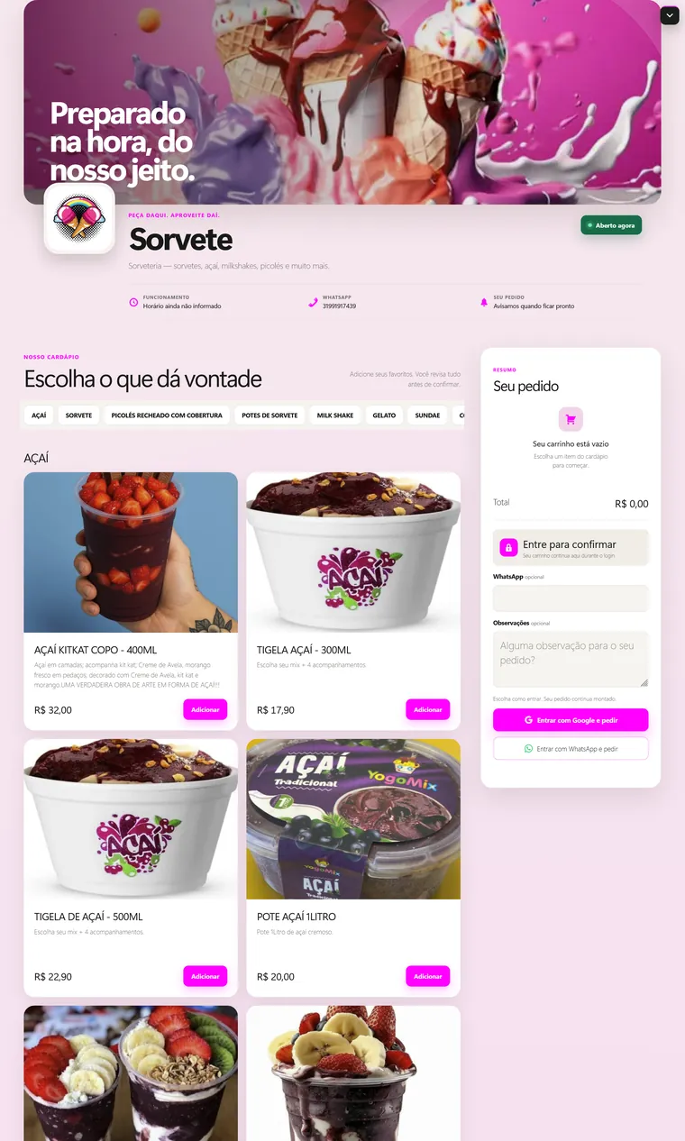 Loja de sorvete em tons de rosa com cardápio de açaí