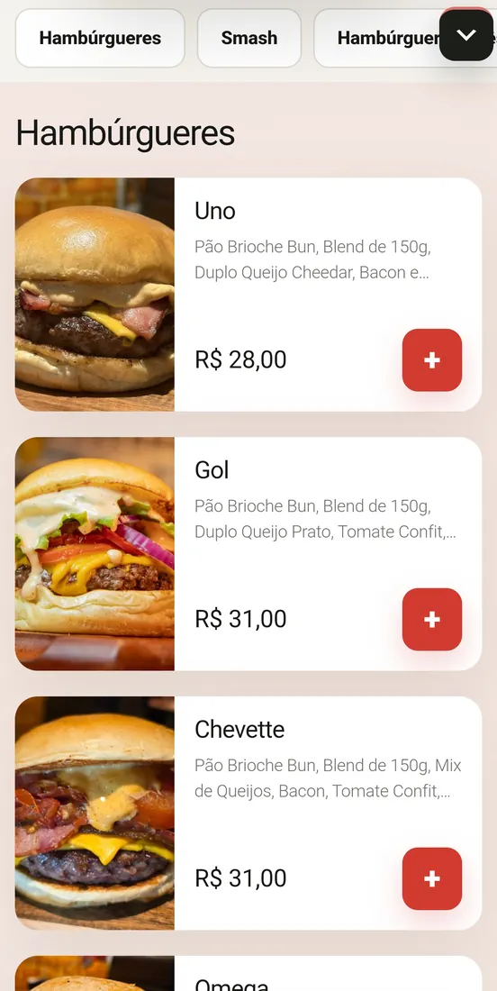 Cardápio da hamburgueria com fotos, descrições, preços e botões para adicionar