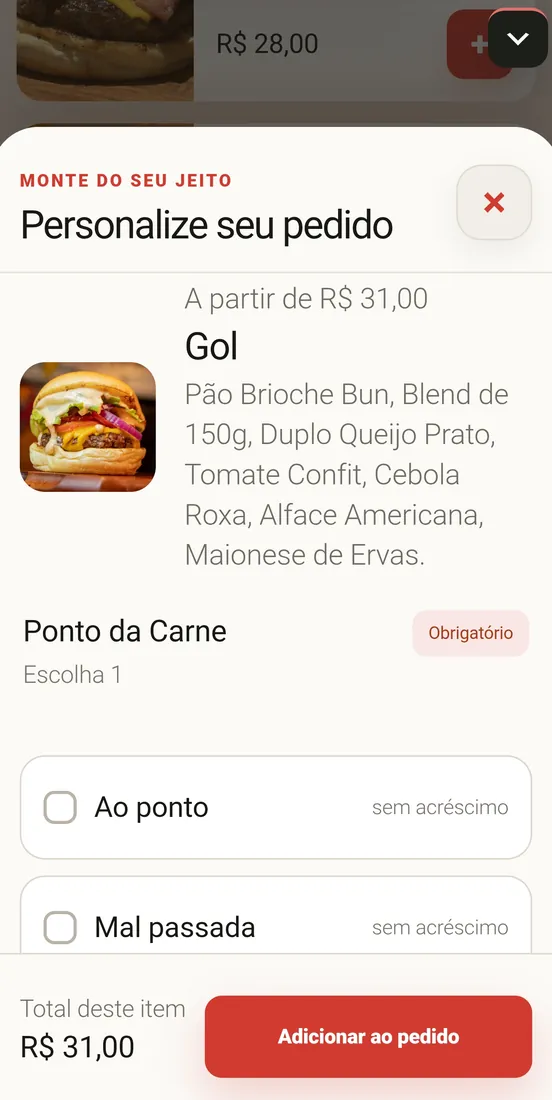 Tela para personalizar um produto com adicionais e observações