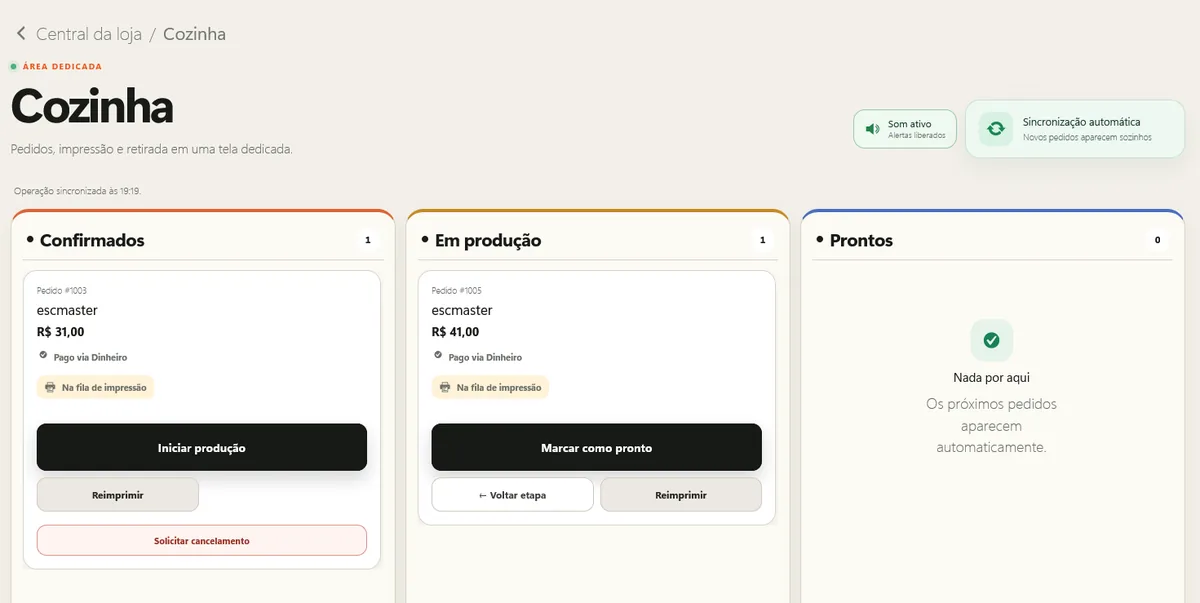 Painel da cozinha com pedidos confirmados, em produção e prontos