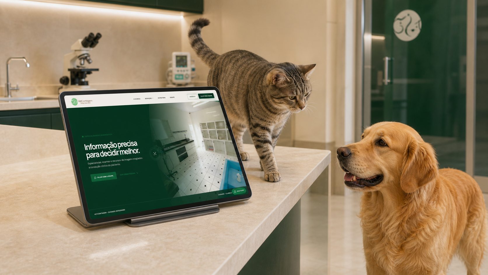 Gato, golden retriever e tablet exibindo a área de diagnóstico da Vet Contagem