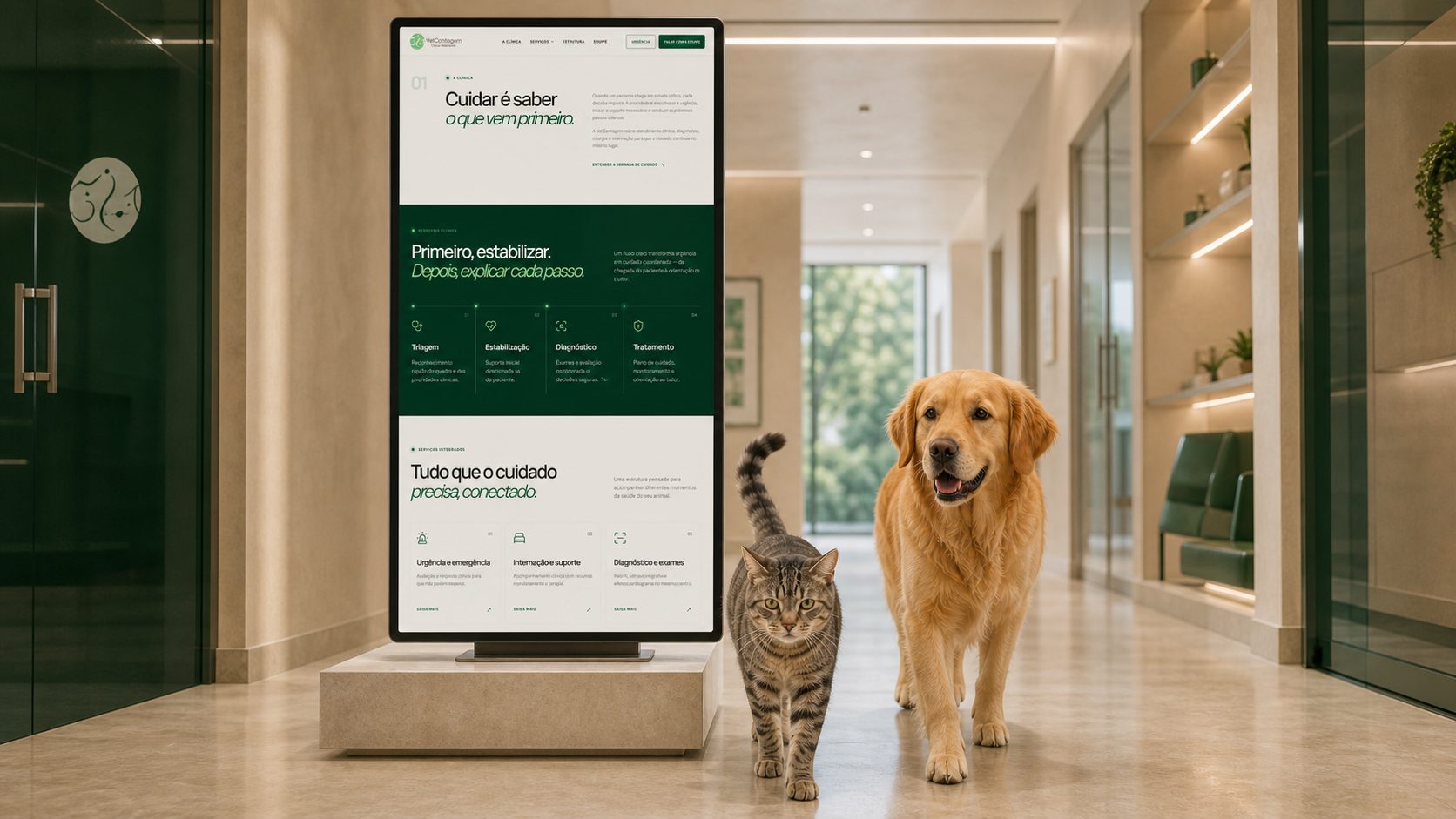 Gato e golden retriever caminham ao lado de um monitor vertical que apresenta a jornada completa de cuidado