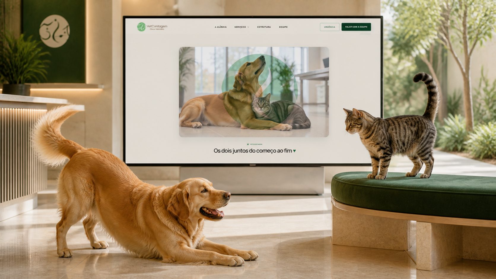 Golden retriever brinca diante do gato recuperado enquanto o site apresenta os dois juntos