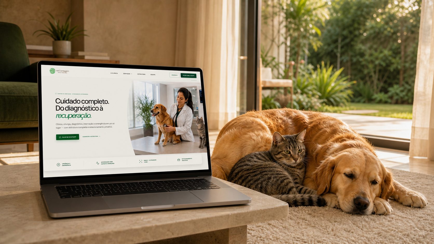 Gato e golden retriever descansam em casa ao lado do site publicado da Vet Contagem